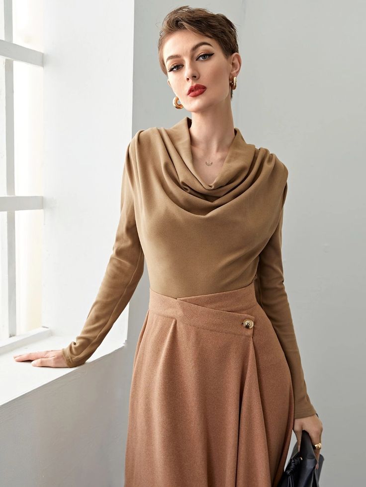 Cowl Neck Solid Tee | SHEIN USA Cowl Turtle Neck, Soft Dramatic, Warm Beige, Women T Shirts, Cowl Neck Sweater, Dress Ideas, Collar Dress, Fashion Details, Jersey Dress