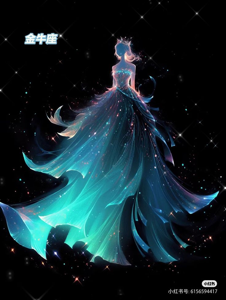 a woman in a blue dress with stars around her