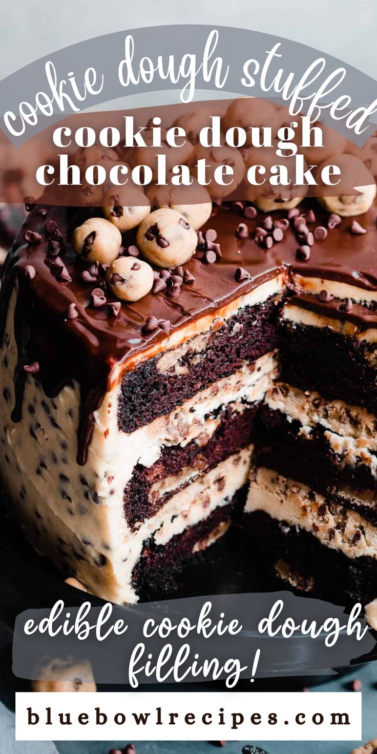 a chocolate cookie dough cake cut in half with the title text overlay reads triple cookie dough dough dough cake cookie dough buttercream