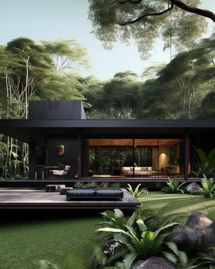 an artist's rendering of a modern house in the jungle with trees and grass