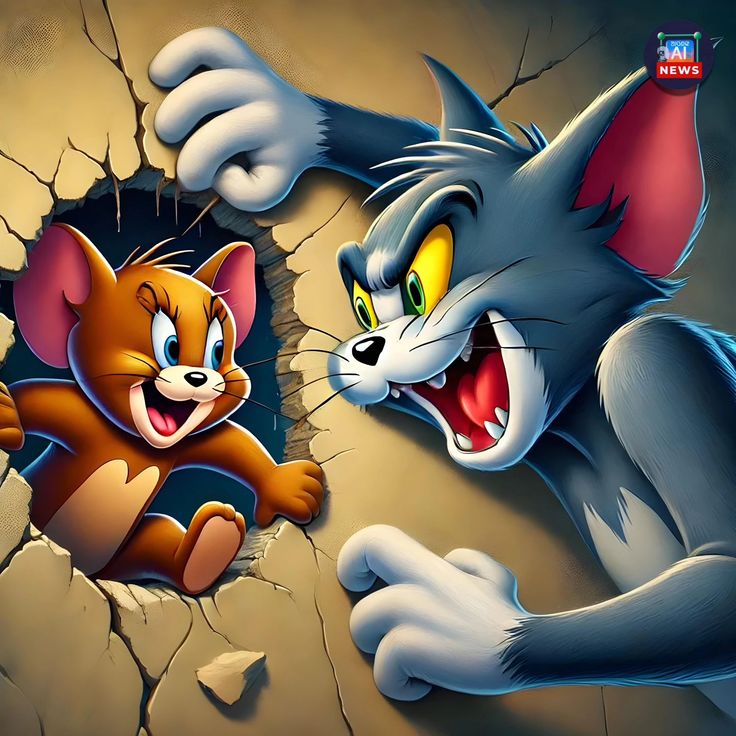 two cartoon cats breaking through a cracked wall