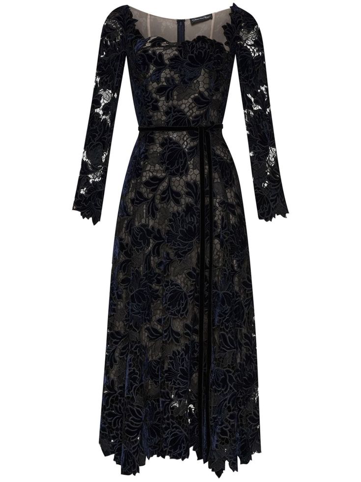 Shop Oscar de la Renta Peony Velvet dress Couture Evening Gowns, Luxury Black Brocade Dresses, Luxury Black Dress With Floral Embroidery, Rodarte Black Dress, Black Lace Runway, Oscar De La Renta Embroidered Dress, Black Velvet Dress, City Dress, Classy Dress Outfits