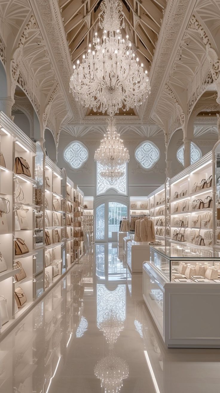 the inside of a store with chandeliers and shoes