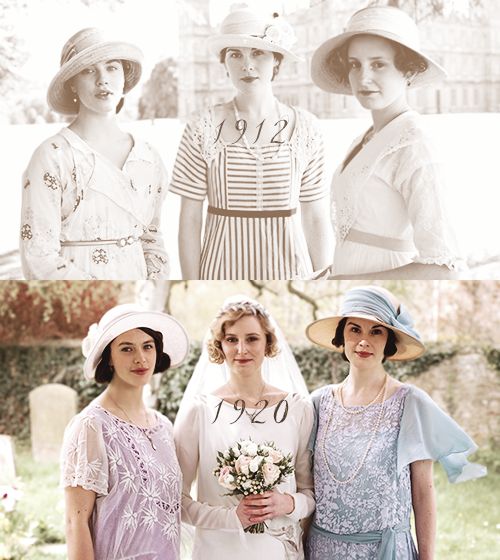 three women in dresses and hats standing next to each other