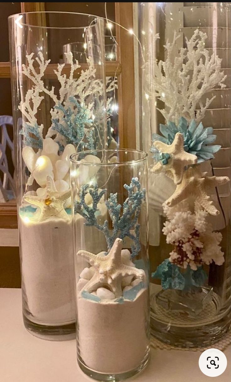 three glass vases filled with different types of sea shells and starfish on top of a table