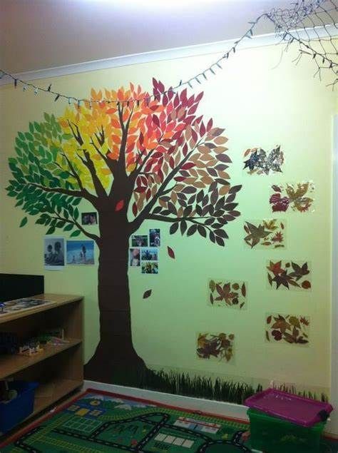 a room with a tree painted on the wall