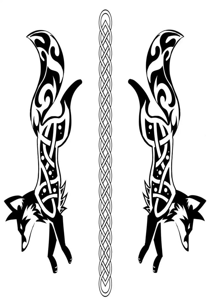 two wolfs with celtic designs on their backs, one is black and the other is white