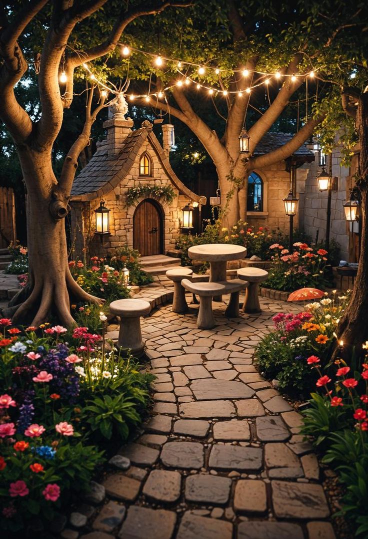 a garden with lights strung from the trees and flowers on the ground next to benches