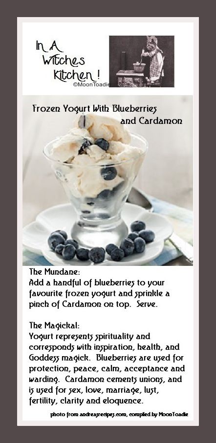 a recipe for frozen yogurt with blueberries and cardamoa in a glass bowl