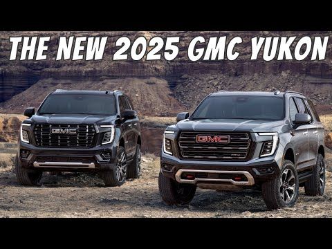 two gmc trucks are shown in front of a mountainous background with the words, the new 2055 gmc vukon