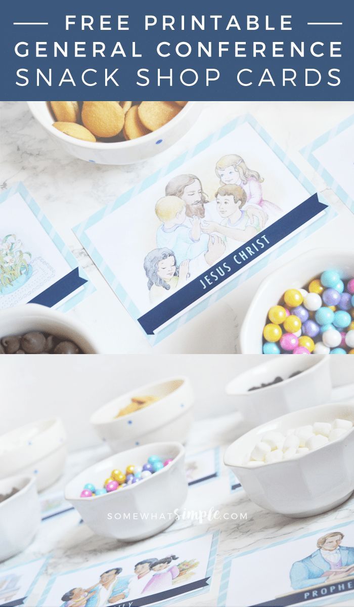 the free printable general conference snack shop cards are displayed on a table with bowls of candy