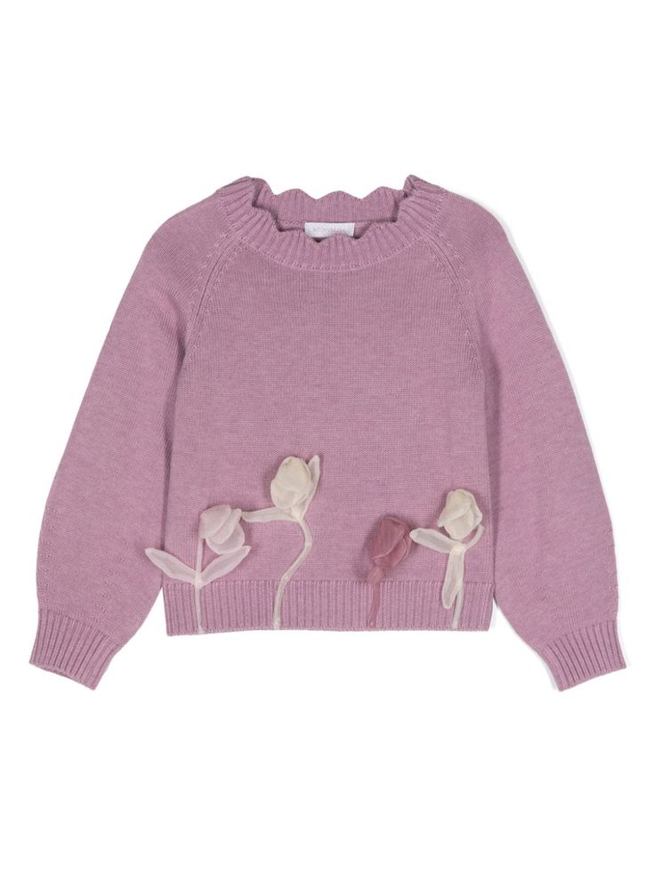 purple mélange effect knitted construction round neck long sleeves ribbed cuffs and hem floral appliqué straight hem Dress With Jean Jacket, Teen Boy Outfits, Girls Jumpers, Baby Boy Accessories, Dolce And Gabbana Kids, Stella Mccartney Kids, Floral Applique, Knitted Jumper, Clothes Gift