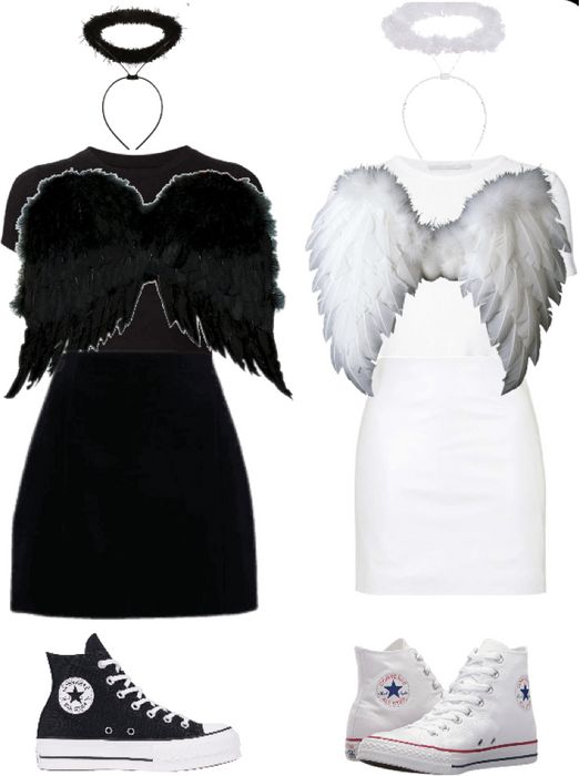 four different outfits with white and black wings on them