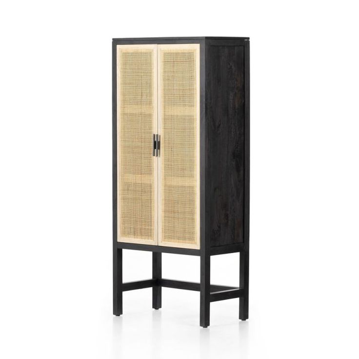 a tall cabinet with two doors on one side and an open door on the other