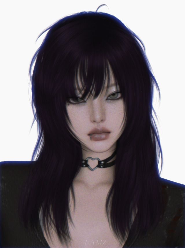 a woman with long black hair wearing a choker