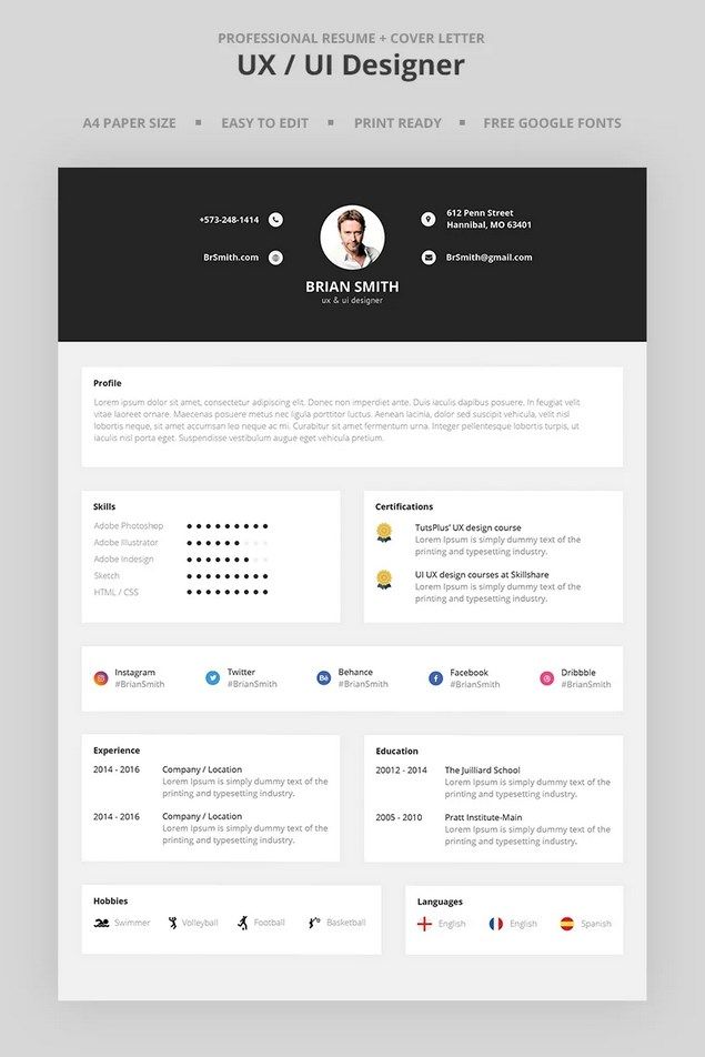 a clean and modern resume template with black accents on the front, white back and gray sides