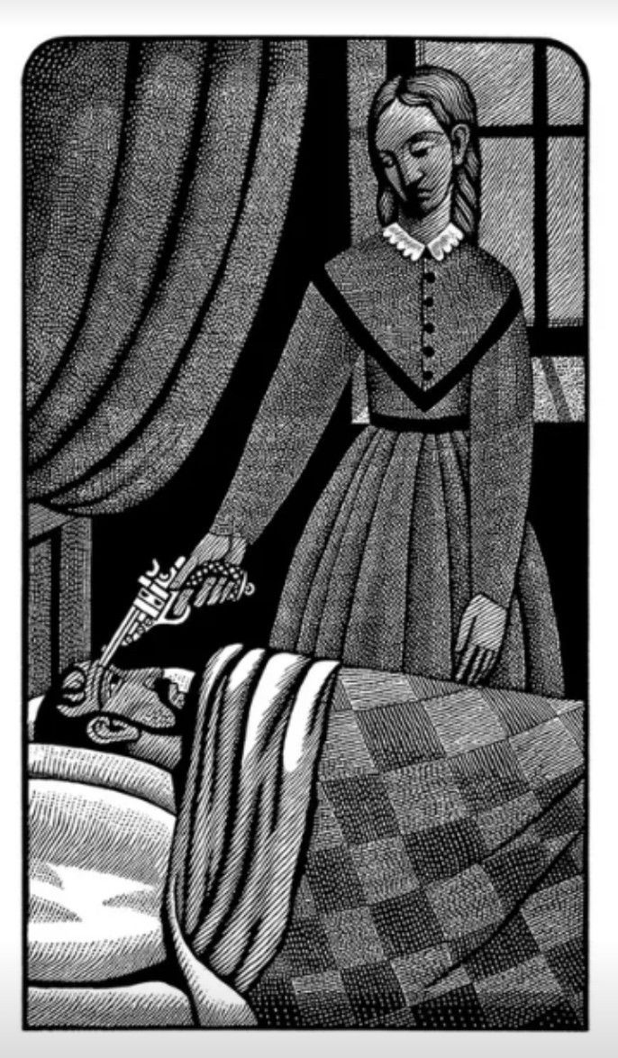 a black and white drawing of a woman in bed with a guitar on her lap