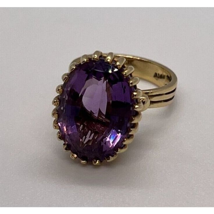 14k Yellow Gold & Amethyst Ring Size 5.5 Ring Weight 8.1 G Main Stone: Purple Amethyst Main Stone Width: 12.7 Mm Main Stone Length: 17.5 Mm Classic Amethyst Ring Stamped 14k, Formal 14k Stamped Amethyst Ring, Timeless Yellow Gold Amethyst Ring With Oval Shape, Oval Amethyst Ring Stamped 14k, Oval Purple Amethyst Ring With 17 Jewels, 14k Gold Purple Amethyst Ring, Luxury 14k Gold Purple Rings, Luxury Purple 14k Gold Rings, Timeless Purple Amethyst Ring