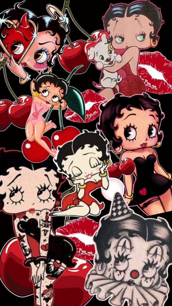 many cartoon characters are grouped together on a black background with red and white accents,