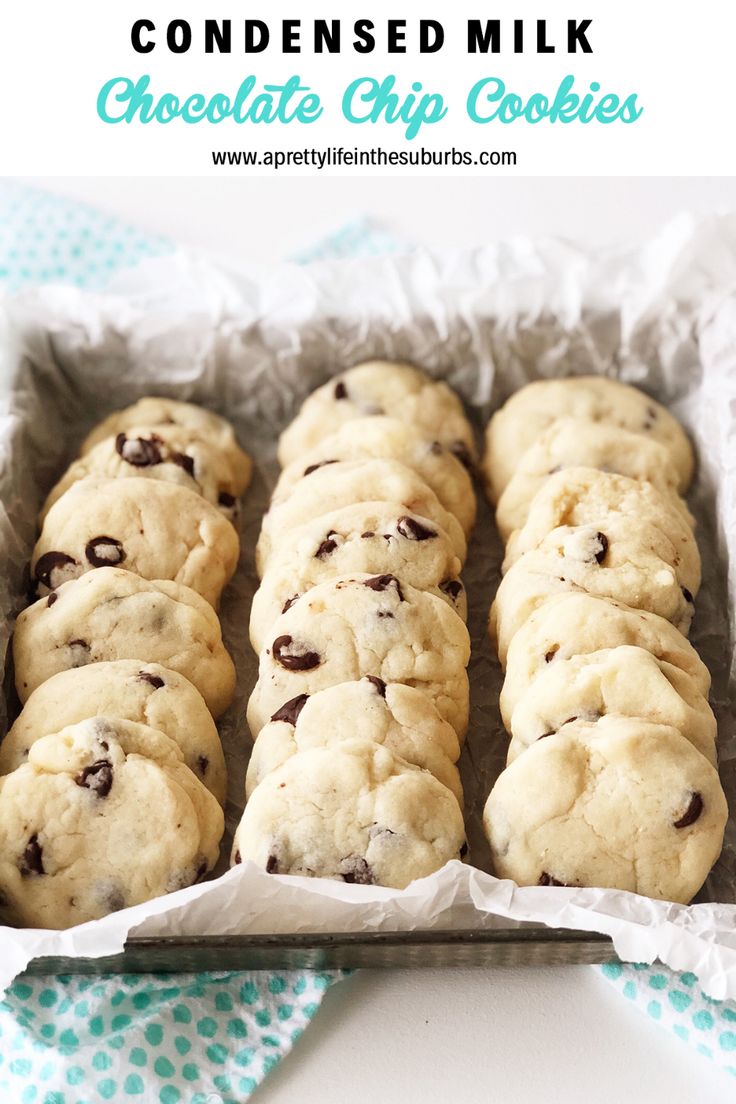 chocolate chip cookies in a pan on a blue and white tablecloth with text overlay