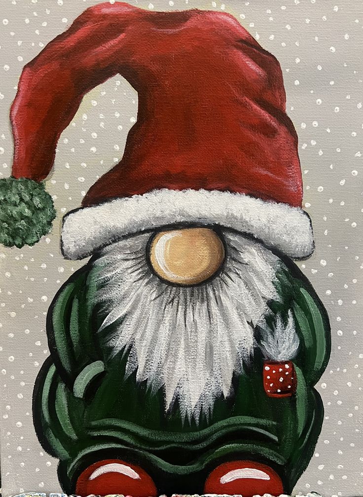 an acrylic painting of a santa claus hat on top of a green car