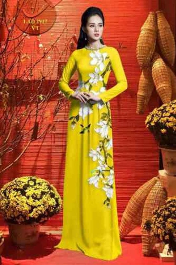 The size: nguc / chest 92-94 cm eo / waist 74-76 cm Please let me know the color you choose when you place order. Thanks. Traditional White Long Sleeve Ao Dai, White Long Sleeve Ao Dai, Traditional Yellow Long Maxi Dress, Traditional Yellow Floral Print Dress, Fitted White Ao Dai With Floral Print, Traditional Long Maxi Dress For Spring, Traditional White Long Ao Dai, Traditional Long White Ao Dai, White Long Sleeve Ao Dai For Festive Season