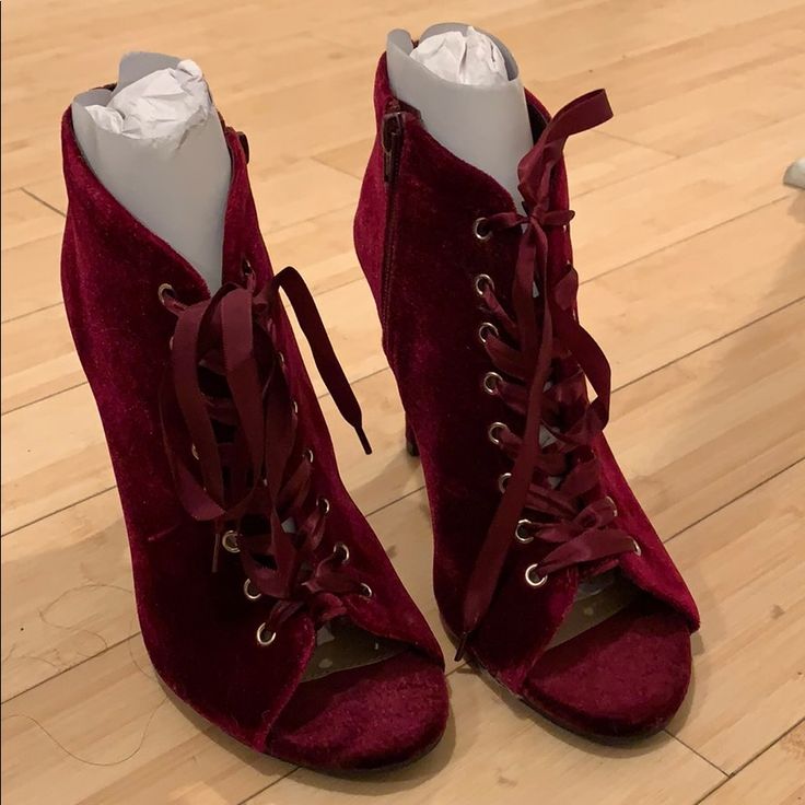 Wine Colored Velvet Heel/Booties. Lace Up Fronts. Never Worn Burgundy Lace-up Boots For Fall, High-top Booties For Fall Parties, Party High-top Booties For Fall, Red Open Toe Boots For Fall, Fall Party High-top Booties, Suede Ankle Lace-up Boots For Party, Suede Lace-up Ankle Boots For Party, High-top Lace-up Boots For Fall Party, High Heel Burgundy Party Boots