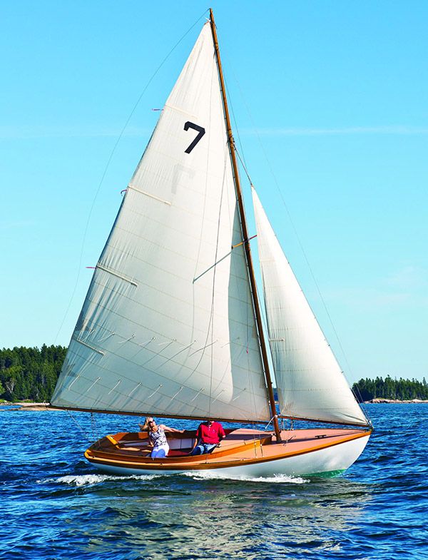 a sailboat with two people on it in the water near trees and blue sky