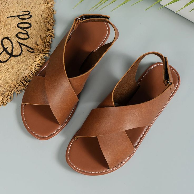 Lasaky - Crossover Flat Sandals: Retro Wide Strap Open Toe Beach Slides Soft Sandals, Beach Slides, Black Shoes Women, Designer Sandals, Womens Sandals Flat, Comfortable Sandals, Beach Shoes, Brown Shoe, Retro Chic