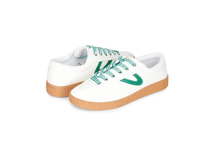 Tretorn Nylite Plus Canvas - Women's Shoes : White/Green/Gum : Add a modern twist to classic comfort with the Tretorn Nylite Plus Canvas tennis shoes. Canvas upper. Textile lining. EcoOrtholite insole. Lace-up closure. Round toe. Durable rubber outsole. Imported. Weight of footwear is based on a single item, not a pair. Sporty Canvas Shoes With Gum Sole And Lace-up, Sporty Canvas Shoes With Gum Sole, Tennis Sneakers With Vulcanized Sole Lace-up, Lace-up Tennis Sneakers With Vulcanized Sole, Casual Round Toe Tennis Sneakers, Casual Tennis Sneakers With White Sole, Green Casual Walking Sneakers, Tennis Sneakers With Gum Sole And Round Toe, Sporty Canvas Shoes With Rubber Sole