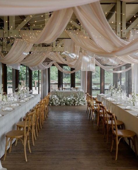 #wedding, #wedding inspiration, #event planning, #party ideas Open Venue Wedding, Civil Wedding Set Up, Wedding Ballroom Ceiling Decor, Indoor Wedding Receptions Simple, Wedding Area Indoor, Wedding Set Up Indoor, Wedding After Party Decor, Golden Theme Wedding, Garage Wedding Reception