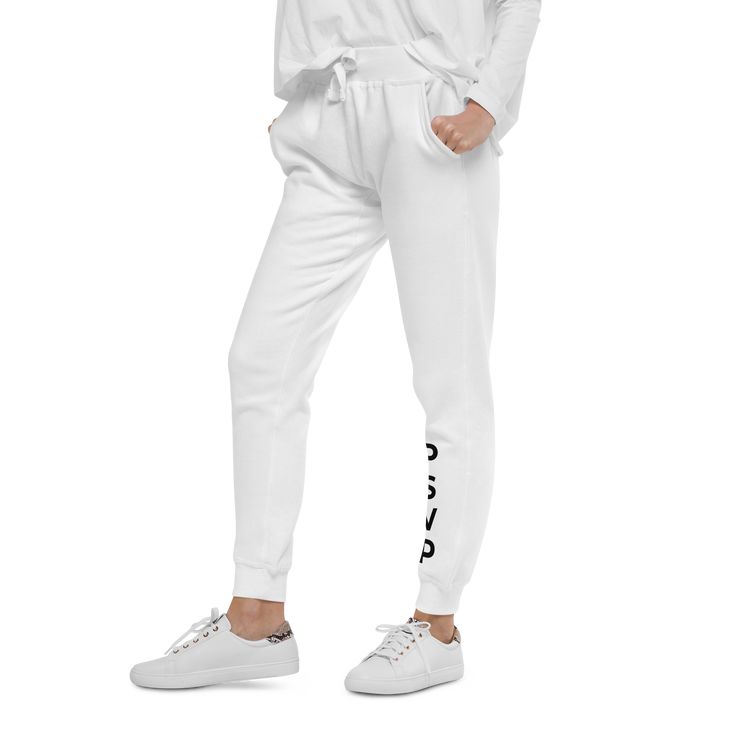 The most comfortable white sweatpants you'll own! Well-made and lined with fleece, these Sweatpants will be your first choice for a casual everyday outfit—all you need to add is a Tee and sneakers to finish off the look. These Sweatpants run a bit tight, we recommend a size larger for a looser fit! • 100% cotton face • 65% cotton, 35% polyester • Tightly knit 3-end fleece • 5-thread stitching • Cuffed and side-seamed legs • Elastic inside the waistband • Flat drawstrings in a matching color • 2 White Sweatpants With Ribbed Waistband For Jogging, White Sweatpants With Ribbed Waistband For Sports, White Sweatpants With Elastic Waistband For Jogging, White Sweats With Ribbed Waistband For Sports, White Joggers With Ribbed Waistband For Sports, White Relaxed Fit Sweatpants For Jogging, Trendy Cotton Joggers For Jogging, White Sweatpants With Ribbed Cuffs For Sports, White Sweats With Elastic Waistband For Jogging