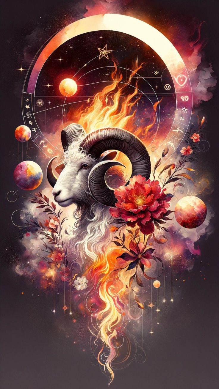 an artistic painting of a ram with flowers and planets in the background, on a black background