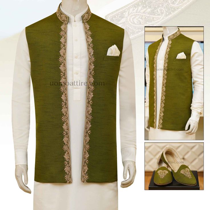 Latest design waistcoat for mehndi - Uomo Attire Mehndi Waistcoat Men, Latest Waistcoat Designs For Men, Designer Sleeveless Raw Silk Kurta, Sleeveless Nehru Jacket With Zari Work, Sleeveless Nehru Jacket With Resham Embroidery For Eid, Sleeveless Wedding Kurta With Zari Work, Designer Sleeveless Bandhgala With Resham Embroidery, Bollywood Style Sleeveless Kurta For Wedding, Sleeveless Bollywood Kurta For Wedding