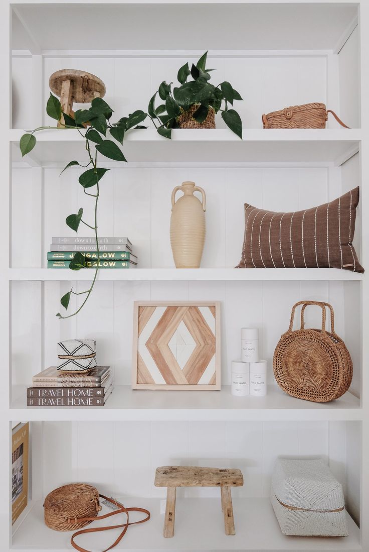 the shelves are filled with plants and decorative items, including a plant in a vase