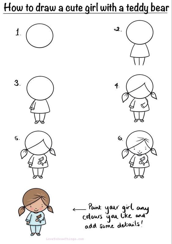 how to draw a cute girl with a teddy bear step by step drawing instructions for kids