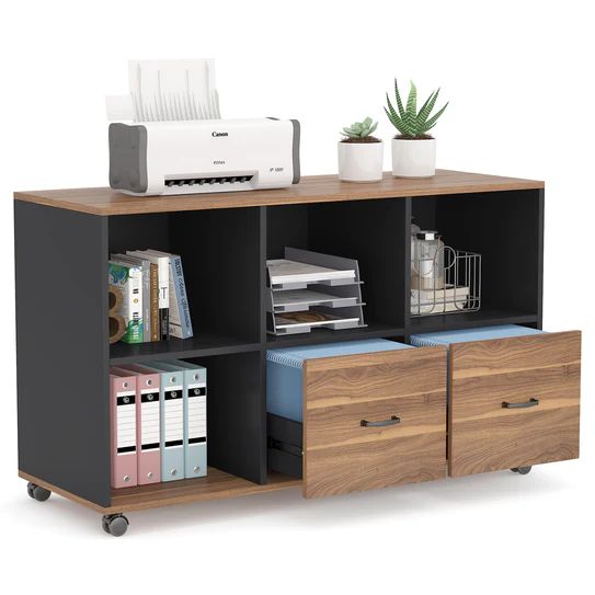 an office desk with drawers and printer on it's shelf next to some books