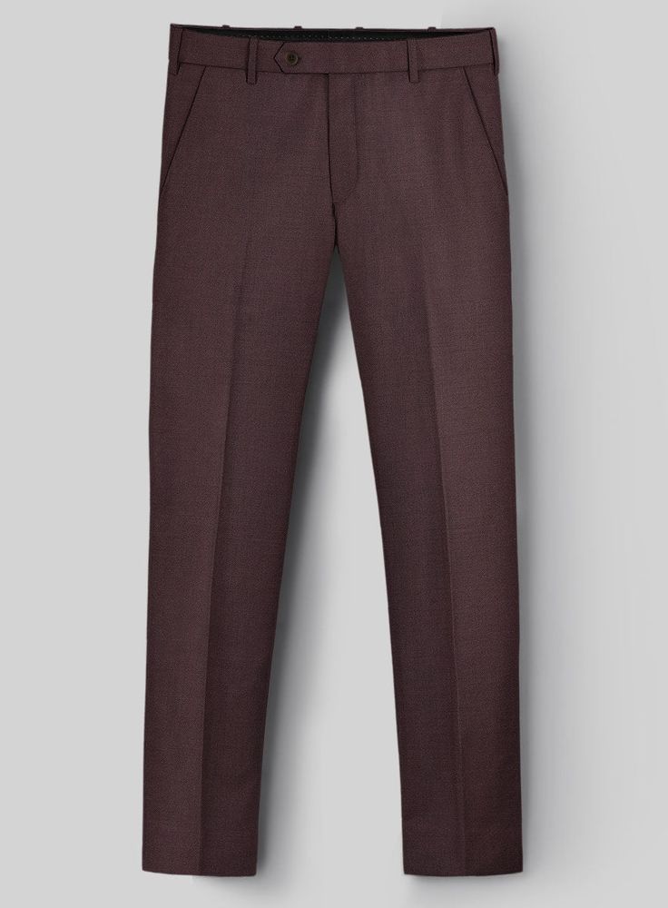 Generate an exceptionally smooth look with our Napolean Dark Wine Wool Pants that advance towards more remarkable opportunity, solace and versatility. Pull out the dashing but composed attitude with these pants, constructed from the 90% Wool and 10% Micro Rayon fabric that bestows the smooth, crisp, and sumptuous textures with a solid finish over a wine tone that provides the ultimate of power clothing. Let your style shine bright with an exquisitely tailored wine pant that serves a correct bala Business Casual Pants With Welt Pockets, Formal Bottoms With Pockets And Standard Cut Leg, Formal Brown Slim Fit Bottoms, Brown Slim Fit Formal Bottoms, Burgundy Workwear Bottoms With Pockets, Fitted Burgundy Pants For Work, Business Pants With Welt Pockets And Standard Cut Leg, Fitted Brown Pants With Pressed Crease, Brown Workwear Pants With Standard Cut