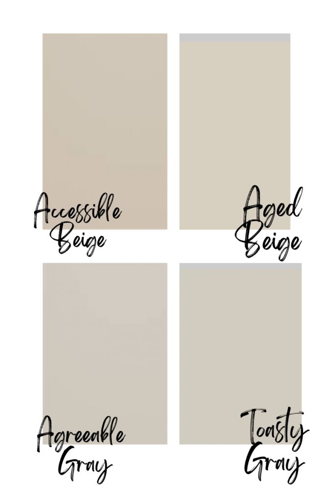 four different shades of white paint with the words, awesome beige and lovely gray on them