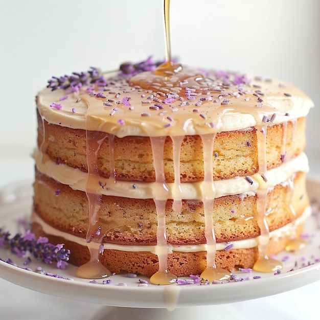 a cake with icing and lavender sprinkles on it is being cut