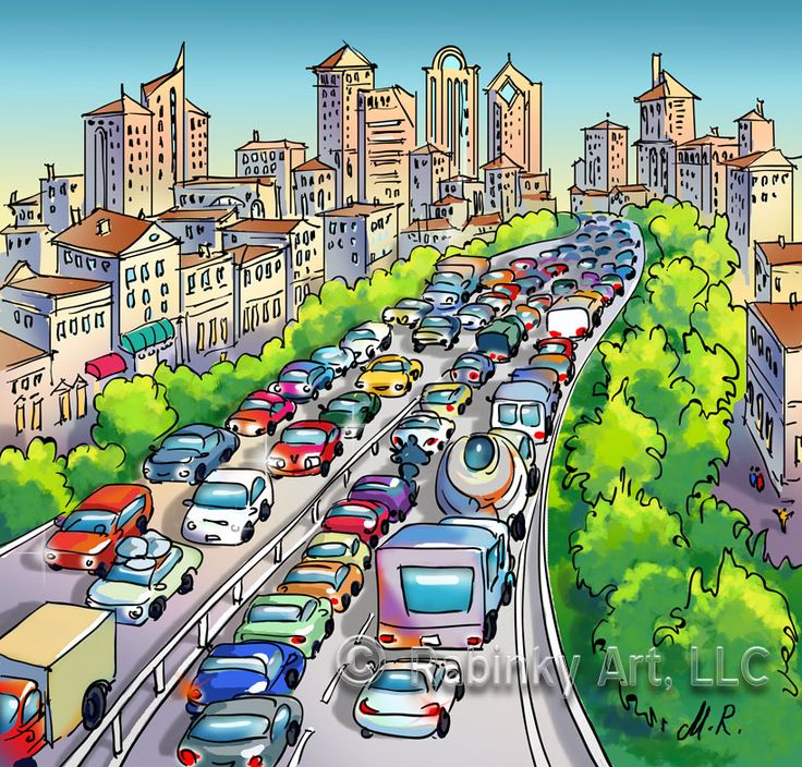 a drawing of a busy city street filled with traffic and trees in the foreground