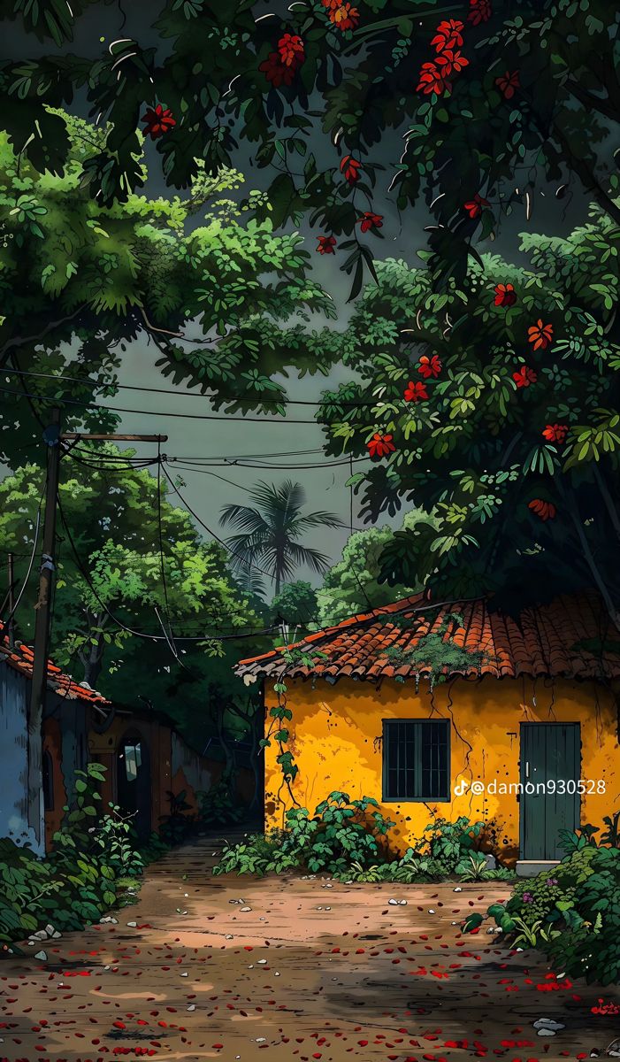 a painting of a yellow house with red flowers on the roof and trees around it