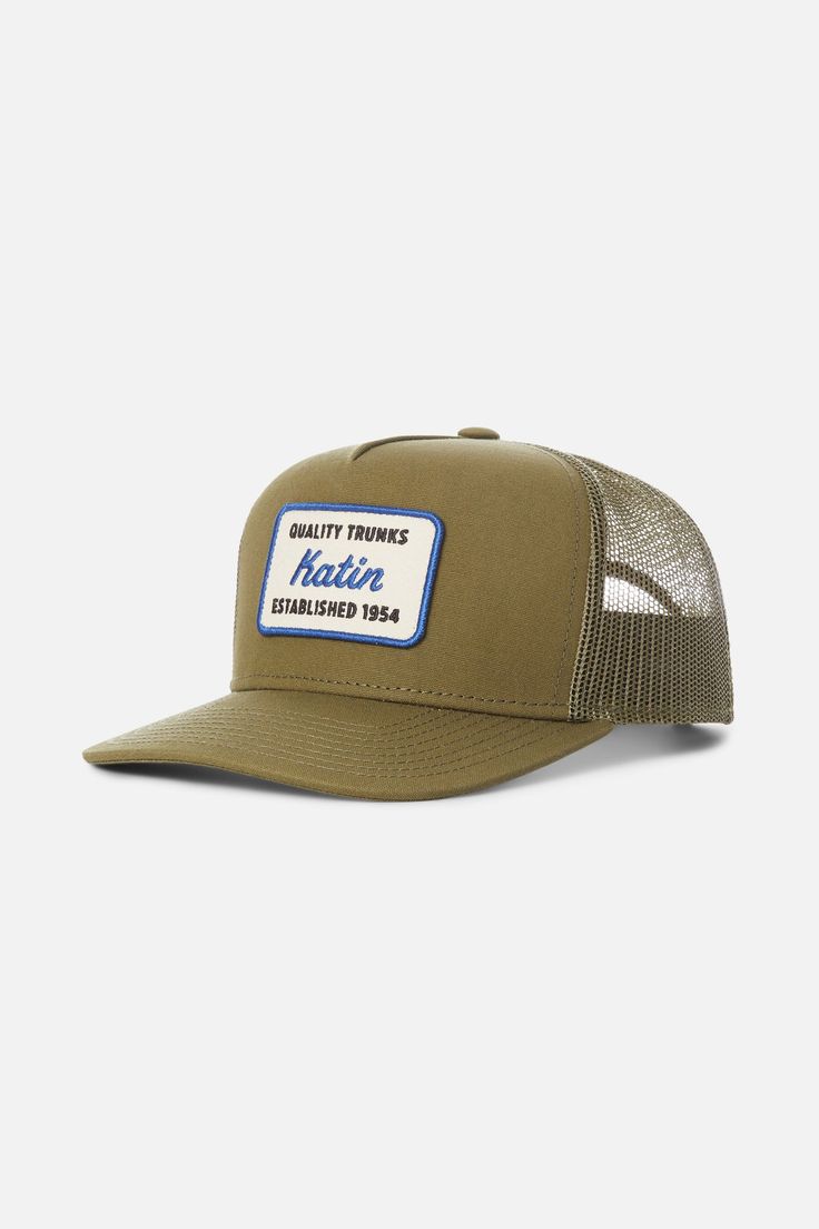 The Quality Trucker Hat features a custom patch reminiscent of license plates in Hawaii, the hat is made from cotton canvas with a polyester mesh back and snapback closure. Cotton canvas front, Polyester mesh back Katin embroidered patch 5-panel trucker hat Mid-crown structured fit Contrast stitch Snapback closure | Quality Trucker Hat Cotton in Olive by Katin Cotton Trucker Snapback Hat, Cotton Trucker Hat 5-panel, Cotton 5-panel Trucker Hat For Outdoor, Cotton 5-panel Trucker Hat With Embroidered Logo, Cotton 5-panel Trucker Hat With Embroidered Patch, Custom Patches, Fleece Shorts, Basic Shirts, Contrast Stitch