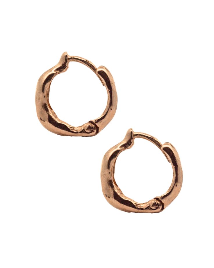 Wiggly hoop earrings for everyday, everywhere wear. Sold as a single or a pair. Hand carved and lost wax cast in solid 14K Fairmined Gold. Built with a hinge and click to secure. Measure approximately 3/4 inch in diameter. Everyday Hand Forged Small Hoop Earrings, Hand Forged Small Hoop Earrings For Everyday, Rose Gold Small Hoop Huggie Earrings, Everyday Small Hoop Hand-forged Earrings, Everyday Small Hoop Hand Forged Earrings, Gold Hand Forged Small Hoop Earrings, Small Hoop Hand Forged Everyday Earrings, Gold Small Hoop Hand Forged Earrings, Handmade Brass Small Hoop Huggie Earrings