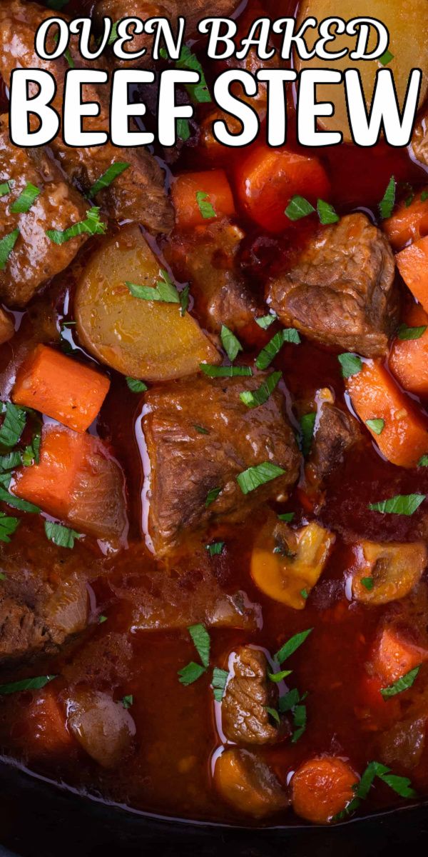 beef stew with carrots, potatoes and parsley in a skillet