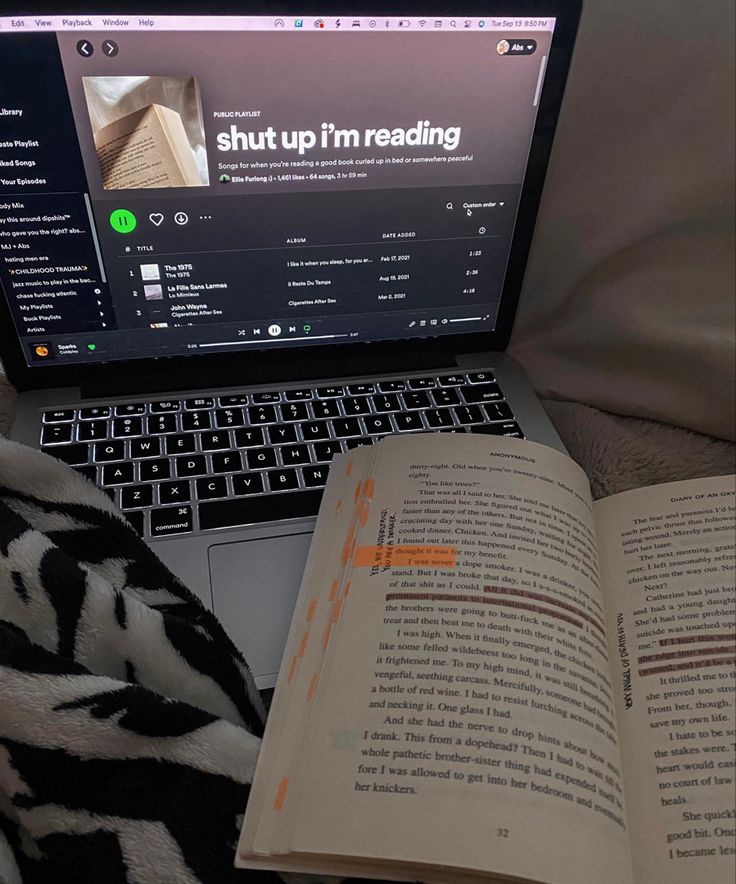 ‘shut up i’m reading’ spotify playlist on laptop with an annotated book cozy in bed with zebra blanket Album Spotify Covers, Bed Spotify Playlist Cover, Spotify Playlist Covers Book, Spotify Covers Studying, Books And Spotify Aesthetic, Book And Spotify Aesthetic, Spotify Reading Playlist Cover, Cozy Spotify Playlist Cover, Reading Spotify Playlist Cover