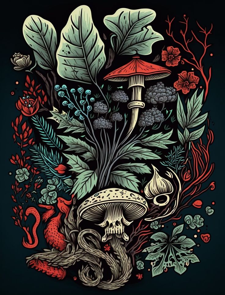 an illustration of mushrooms, leaves and other plants on a black background with red accents