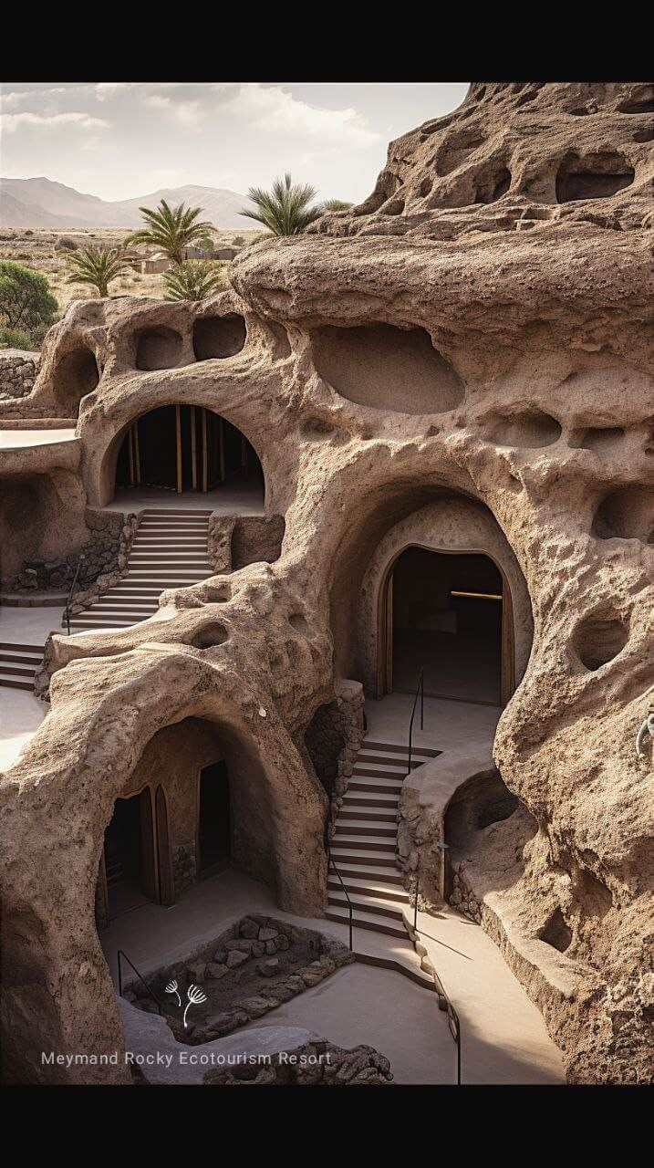 an outdoor cave with stairs and steps leading up to the rooms in each side, surrounded by large rock formations