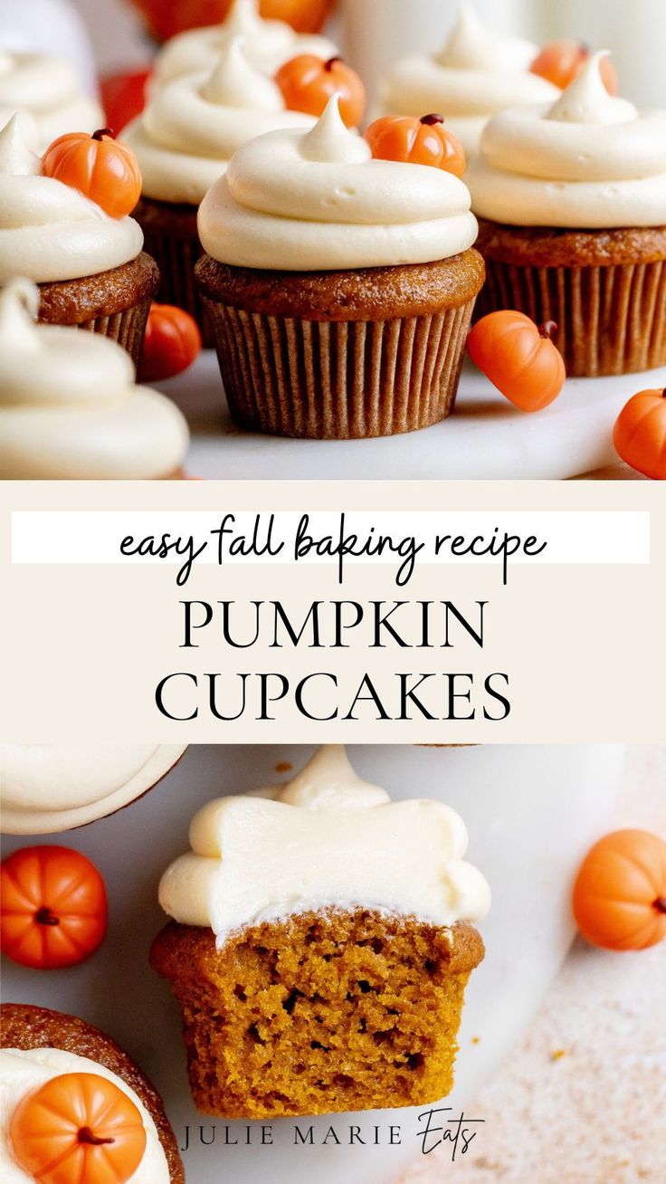 pumpkin cupcakes with white frosting on top and orange decorations around the edges