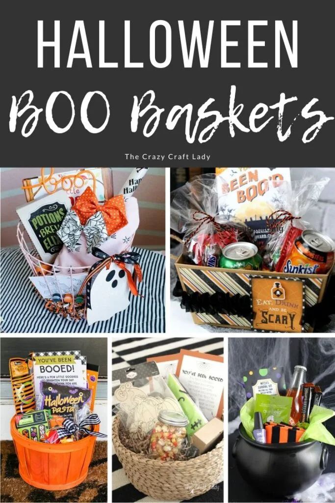 a collage of halloween gift baskets with text overlay